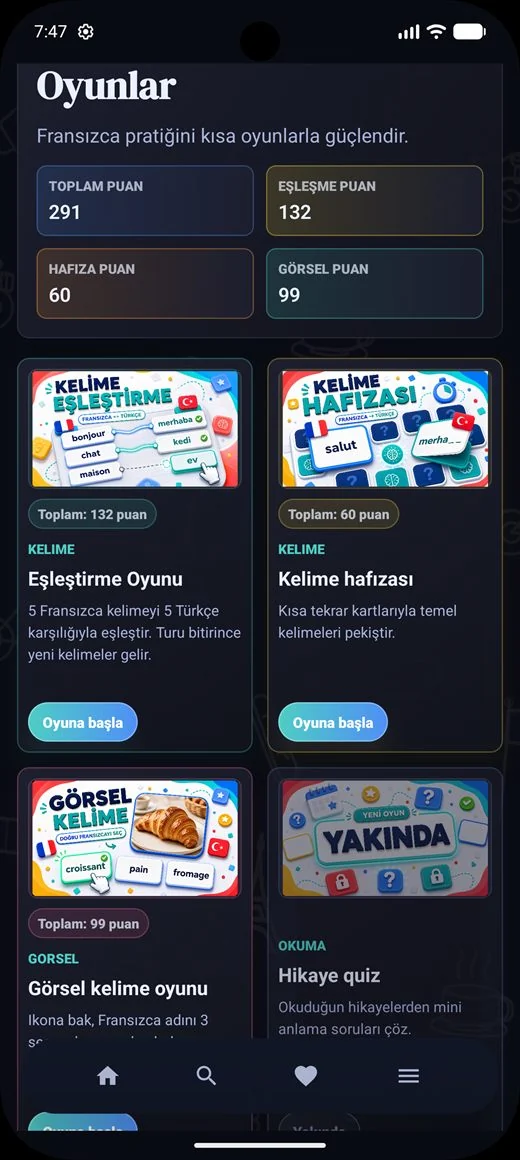 Sankru mobil uygulamasında Fransızca oyunlar, kelime pratiği ve hikaye quizleri ekranı