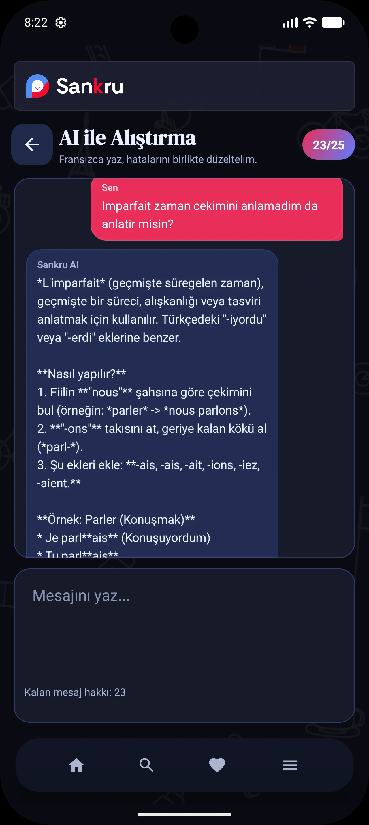 Sankru mobil uygulamasında yapay zeka ile Fransızca gramer pratiği ekranı